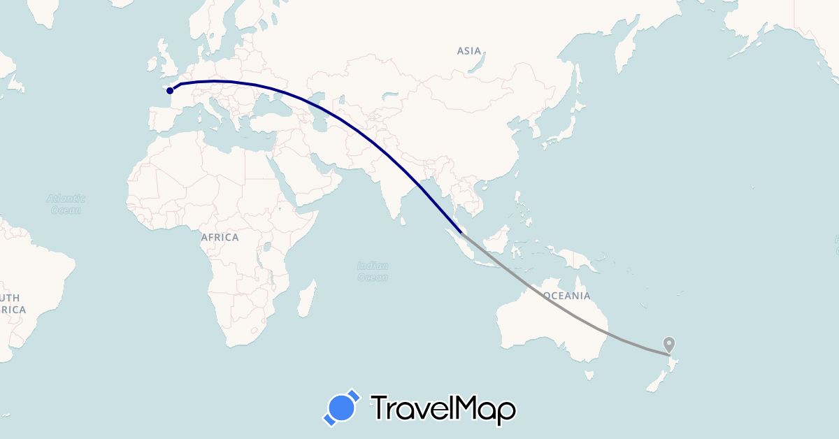 TravelMap itinerary: driving, plane in France, Malaysia, New Zealand (Asia, Europe, Oceania)